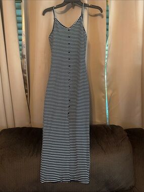 Avec  Black and White Striped Spaghetti Strap Maxi Dress